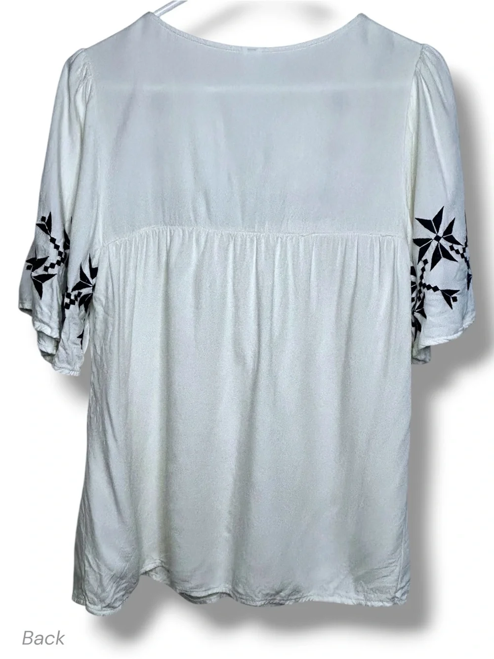 Y2K Peasant Blouse White w Black Boho Embroidery Flutter Sleeves & Tassel Ties L